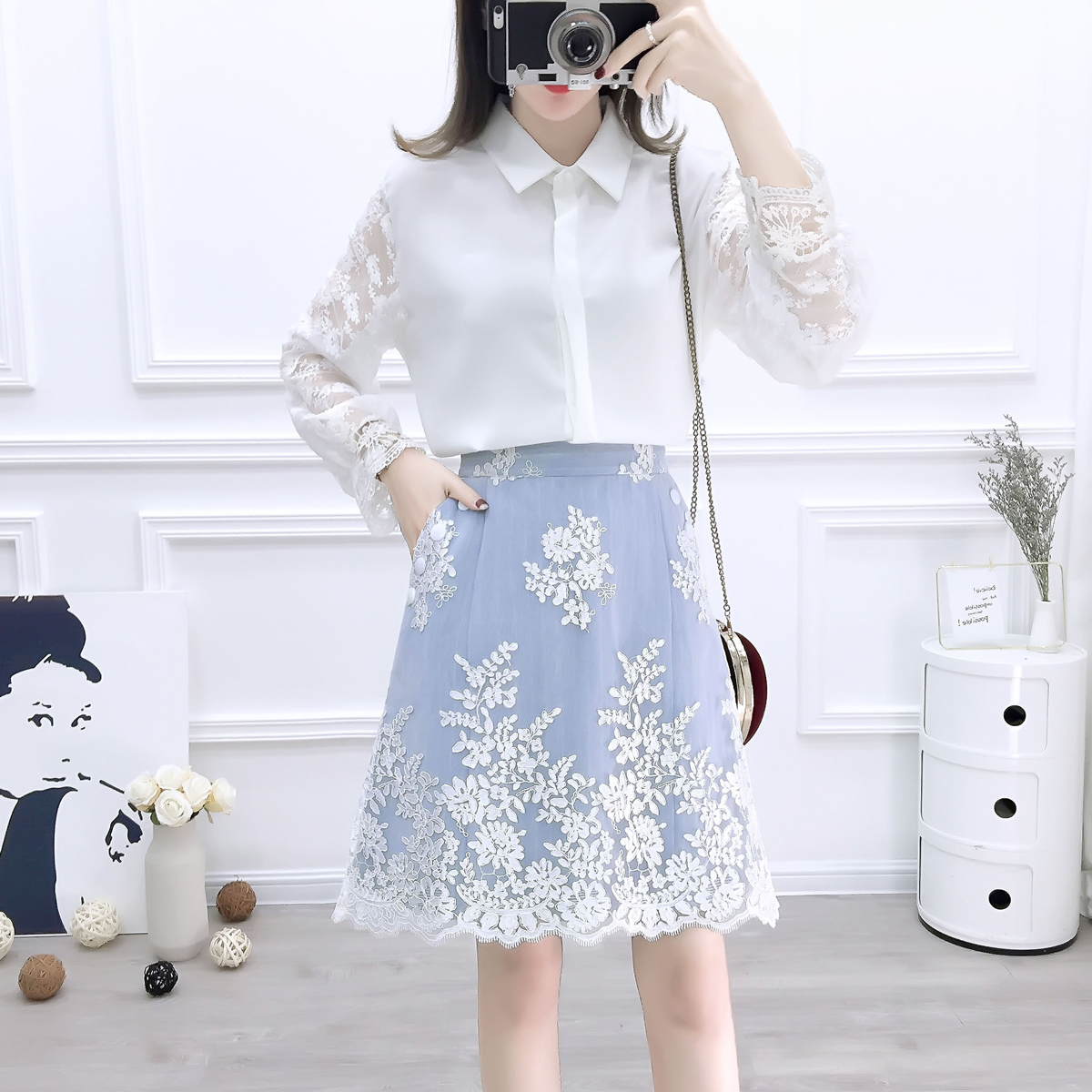 MY614#气质淑女套装港味chic蕾丝雪纺衫绣花牛仔半身裙两件套女女裝貨源服裝批發