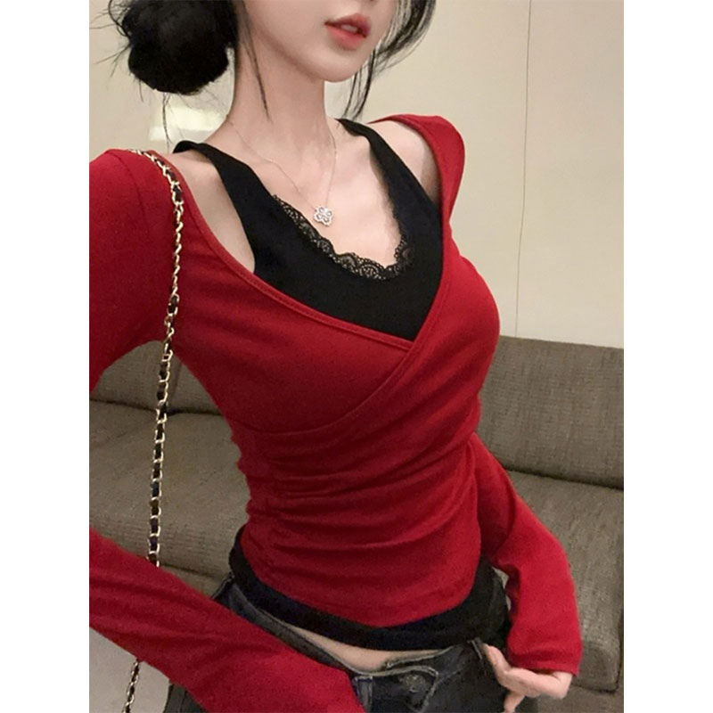 1x1 De 플러시 220 그램 슬림해 보이는 긴팔 티셔츠 여성 핫걸 순수한 욕망 바람 레이스 페이크 레이어드 V넥 맨위