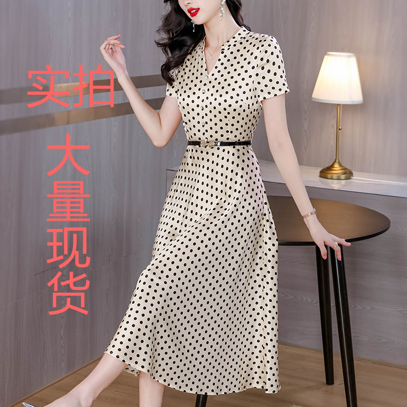 MY623#醋酸缎面短袖印花连衣裙气质显瘦夏季洋气遮肚女装女裝貨源服裝批發