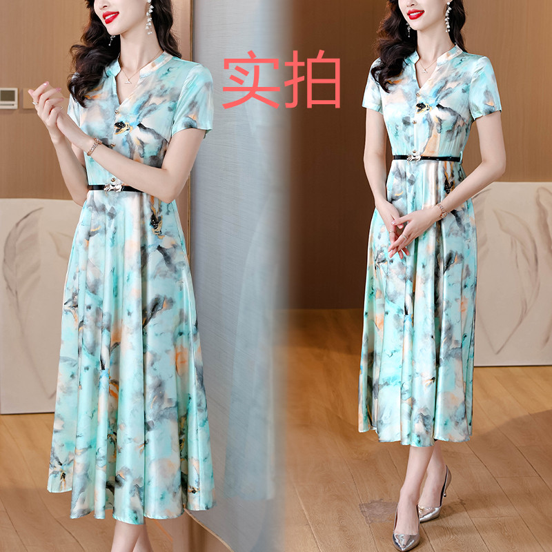 MY621#醋酸缎面短袖印花连衣裙气质显瘦夏季洋气遮肚女装女裝貨源服裝批發