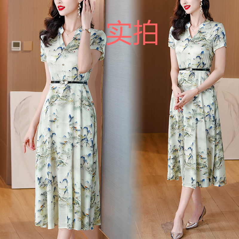 MY620#醋酸缎面短袖印花连衣裙气质显瘦夏季洋气遮肚女装女裝貨源服裝批發