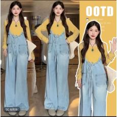 批发2026爆款孕妇<b class='q'>背带裤</b>前后两穿时尚阔腿牛仔裤+黄色长袖套装