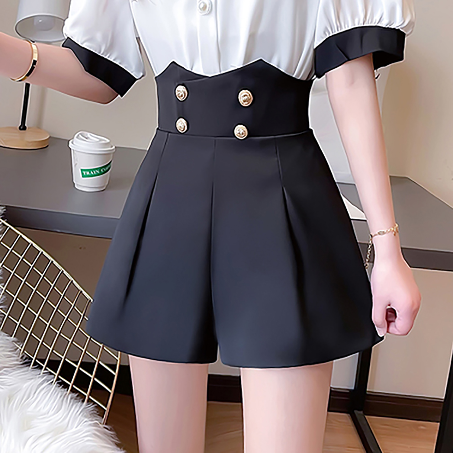 MY610#新甜美百搭小个子高腰简约不规则阔腿短裤女裝貨源服裝批發