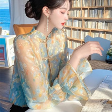 批发蓝色<b class='q'>雪纺</b><b class='q'>衬衫</b>2026超火秋装新款气质高级感轻奢减龄洋气碎花上衣女