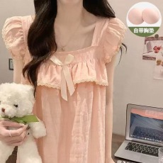 批发公主风带胸垫睡裙女夏季25年新款清新小飞袖轻柔提花云朵棉睡衣裙