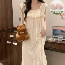 批发公主风带胸垫睡裙女夏季25年新款清新小飞袖轻柔提花云朵棉睡衣裙