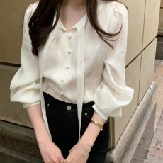 批发2026尺码更新韩国chic春季新款法式V领飘带长袖衬衫
