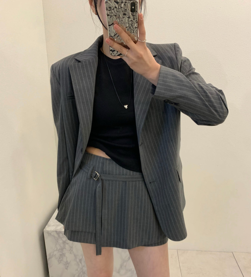 BY35600# 韩国chic复古翻领条纹长袖西装外套+休闲裤裙套装 服裝批發女裝批發服飾貨源
