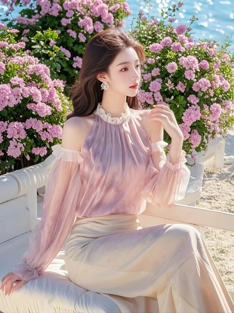 MY1075# 法式独特漂亮小衫新款女装多巴胺超好看紫色晕染露肩衬衫女裝貨源服裝批發