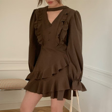 批发实拍 气质千金 V领<b class='q'>荷叶边</b>飘带设计感高腰显瘦短款<b class='q'>连衣裙</b> 2色