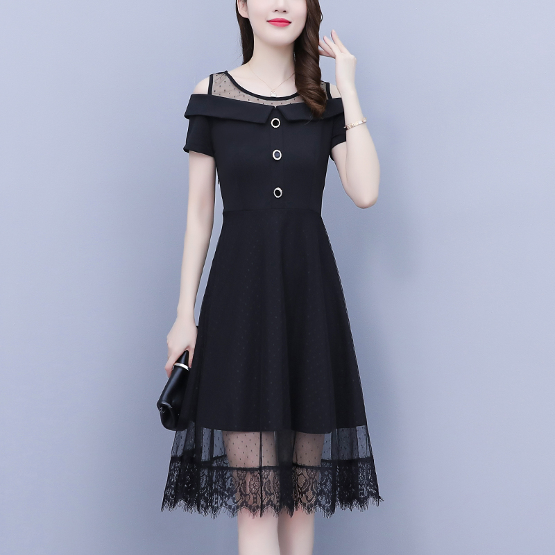 RY2513# 大码女装2026夏季新款胖mm网纱拼接气质露肩简约显瘦洋气连衣裙女