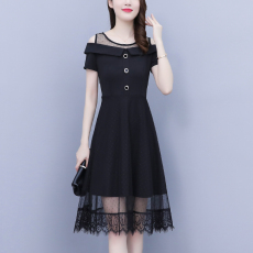 批发大码女装2026<b class='q'>夏</b>季新款胖mm网纱拼接气质露肩简约显瘦洋气连衣裙女