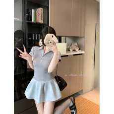 批发实拍实价 长袖POLO领<b class='q'>连衣裙</b>女夏季收腰显瘦A字裙小个子短裙
