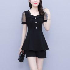 批发<b class='q'>大码</b>女装2026夏季新款胖mm亮片网纱拼接修身上衣＋短裤两件套套装