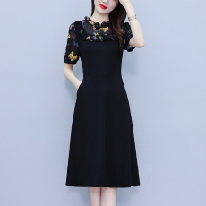 批发夏季新款胖MM长袖蝴蝶印花拼接气质韩版优雅显瘦中年妈妈<b class='q'>连衣裙</b>