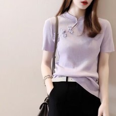 中国风别致盘扣设旗袍领针织上衣女装夏季新款短袖T恤潮