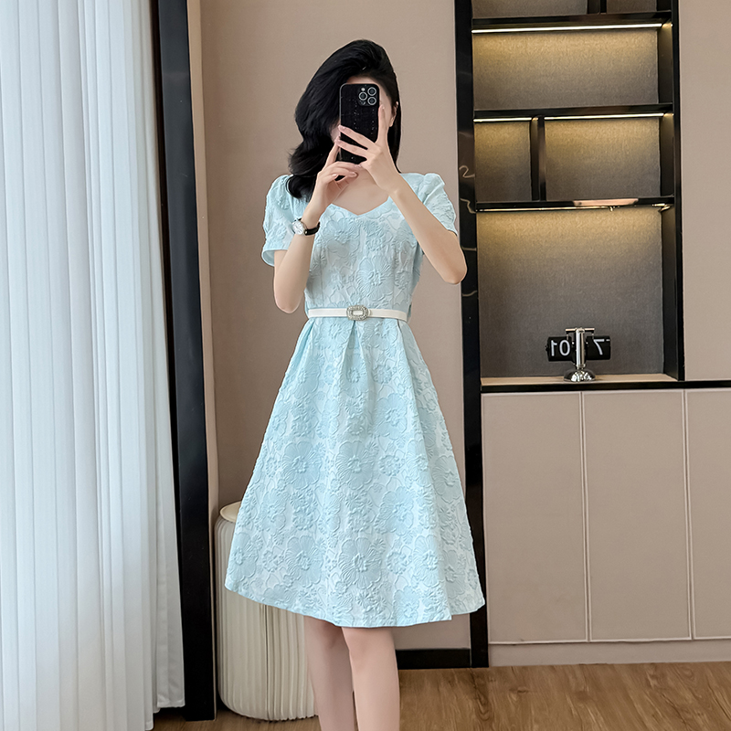 FA34250# 泡泡袖小香风连衣裙新款女夏高端精致提花面料高腰显瘦中长裙 服裝批發女裝批發服飾貨源