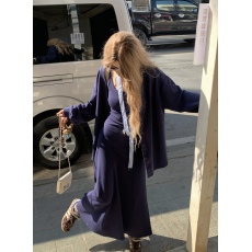 批发微胖修身显瘦抽褶针织吊带连衣裙2026夏新款气质长款大摆脚踝长裙