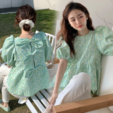 批发夏季大码女装后背蝴蝶结甜美娃娃衫韩版泡泡袖<b class='q'>碎花</b><b class='q'>衬衫</b>M-4XL200斤