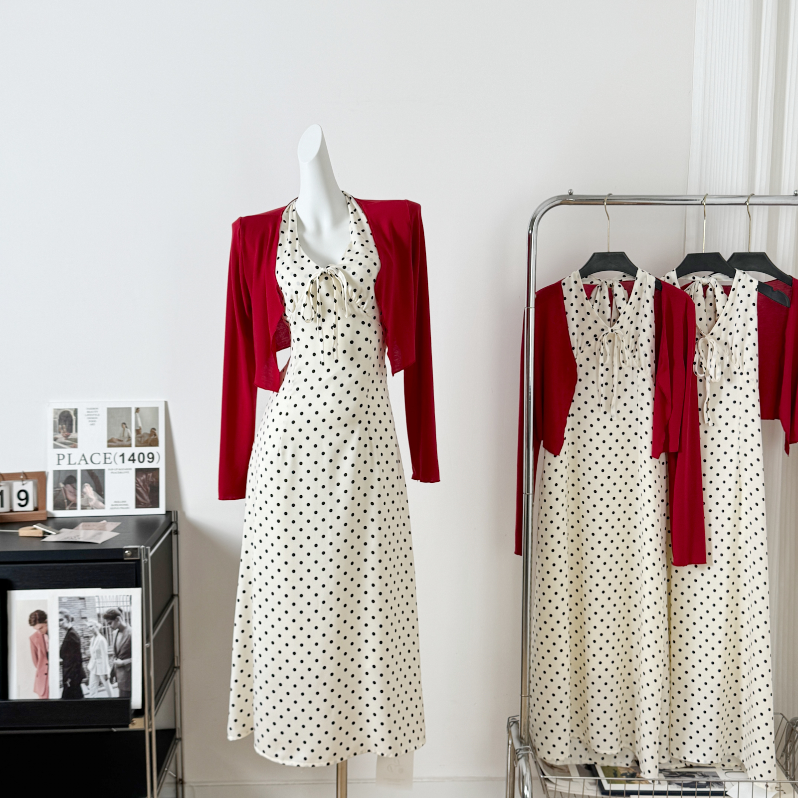 새로운 중국어 국가 바람 eia 하나 야오 폴카 휴일 프랑스어 행침 목 살구 색상 여성 드레스 이른 봄 카디건