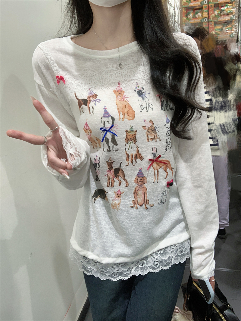 MY1498#新款蕾丝花边印花长袖T恤女女裝貨源服裝批發