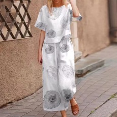 批发2025<b class='q'>欧美</b>跨境新款女装亚马逊TEMU印花棉麻短袖休闲九分<b class='q'>裤</b>套装