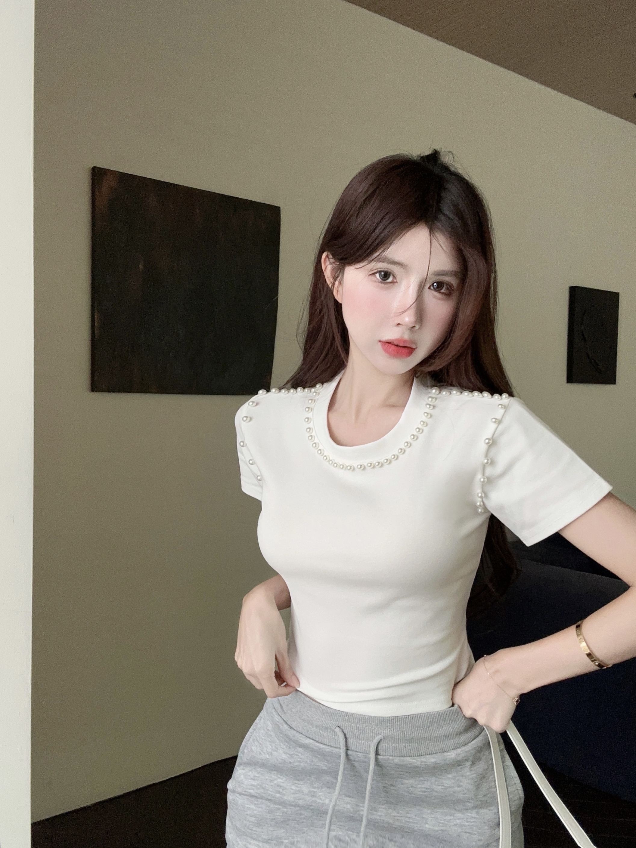 MY997# 小个子气质重工钉珠纯棉T+甜辣妹抽绳运动短裙套装女女裝貨源服裝批發