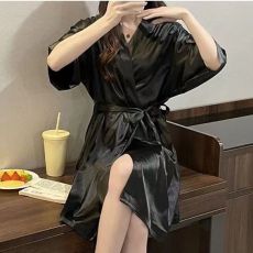 批发睡衣女夏季短袖冰丝薄款白色性感可爱睡袍裙韩版宽松家居服晨袍