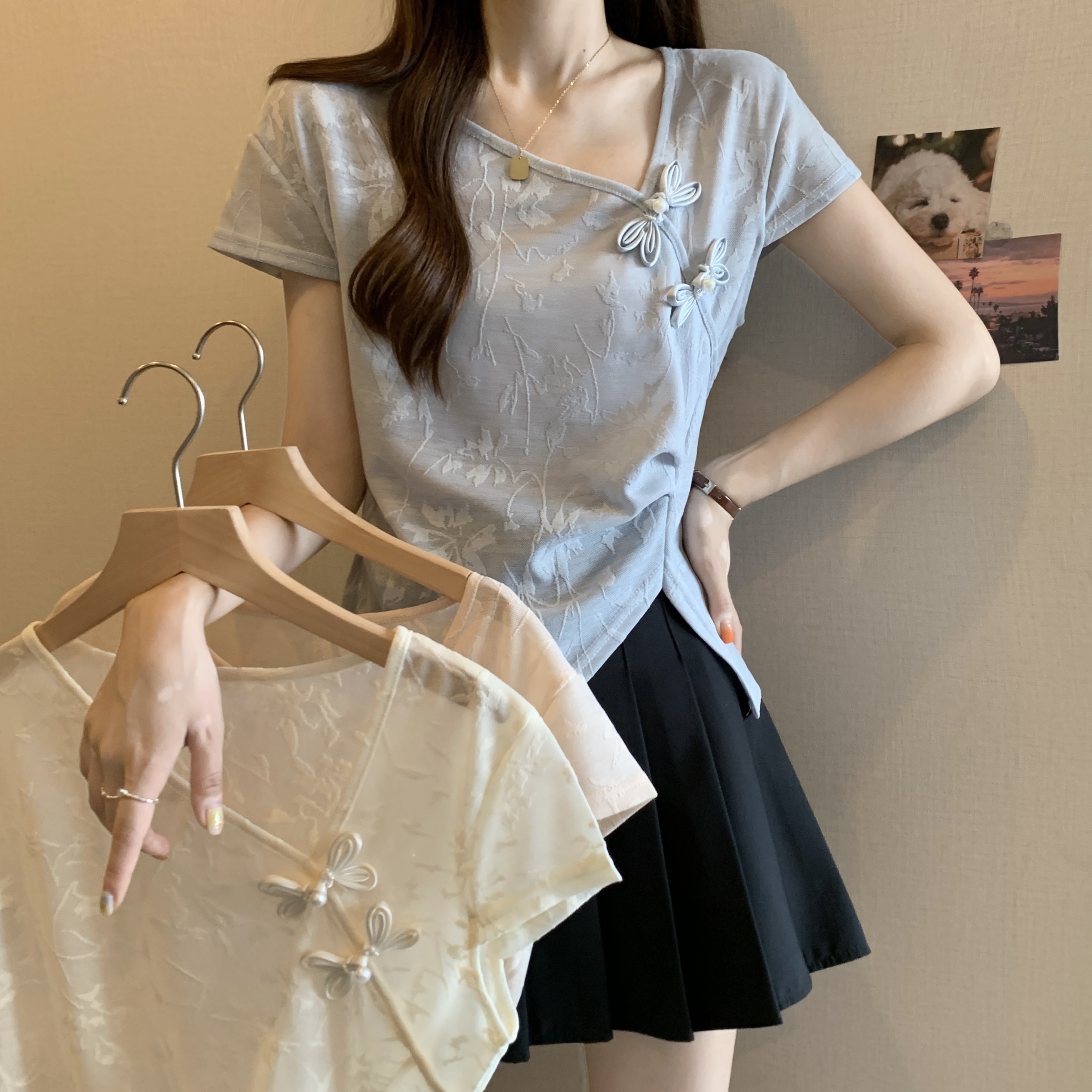 MY3070# 大码不规则女t恤时尚提花短袖胖妹妹遮肚子显瘦正肩中式上衣女裝貨源服裝批發