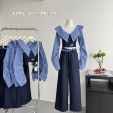 批发WESTAYONE秋季新款一字肩条纹衬衫显瘦修身上衣+学院阔腿休闲裤