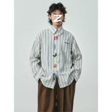 批发网图 日系复古刺绣条纹长袖衬衫男女新款宽松休闲美式衬衣情侣