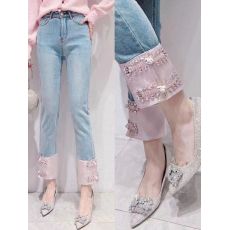 批发新中式国风重工<b class='q'>镶钻</b>九分<b class='q'>牛仔裤</b>女春新款高腰显瘦弹力烟管裤