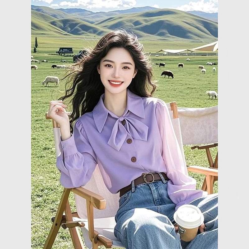2026 년 가을 새로운 작은 셔츠 슈퍼 잘 생긴 고유 한 아름다운 디자인 센스 연령 감소 보라색 나비 넥타이 긴팔 여성 셔츠
