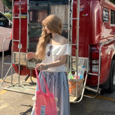 批发微胖韩系一字肩荷叶边<b class='q'>白色</b>上衣+甜美小清新百搭长款格纹半身裙夏