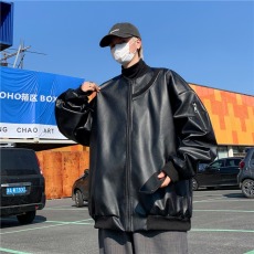 批发春<b class='q'>秋</b>季韩版机车皮衣外套男宽松潮流帅气黑色复古美式潮牌皮夹克男