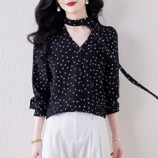 批发实拍复古港风黑色波点<b class='q'>衬衫</b>女人味2026新款春秋通勤长袖飘带<b class='q'>衬衣</b>