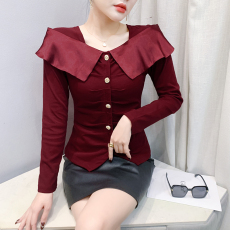 批发实拍2026春<b class='q'>夏</b>季新款荷叶边修身长袖女上衣洋气显瘦褶皱扣子开叉潮