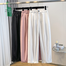 批发实拍大码<b class='q'>春</b>夏新款松紧腰木耳边九分裤设计感时尚宽松显瘦休闲裤