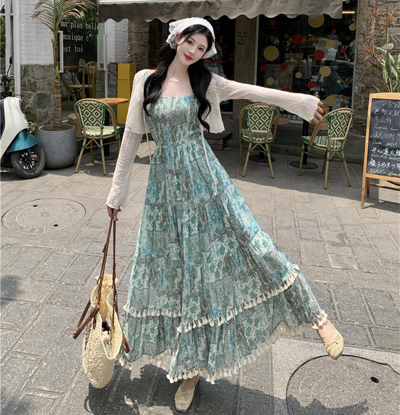 실사 여름 프랑스식 품격 레트로 휴가 바람 무거운 작업 쉬폰 행침 벨트 측면 칼라 드레스 롱 스커트 경기 오픈 가디건