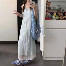 批发优质质量！甜美蓝色条纹吊带连衣裙子女夏季海边度假风超好看长裙