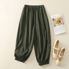 实拍文艺复古棉麻休闲束脚八分裤女2026新款拼接宽松纯色哈伦裤