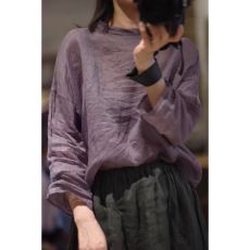 批发非实拍2026新复古休闲宽松大码套头小衫女一字领轻薄棉麻防晒罩衫