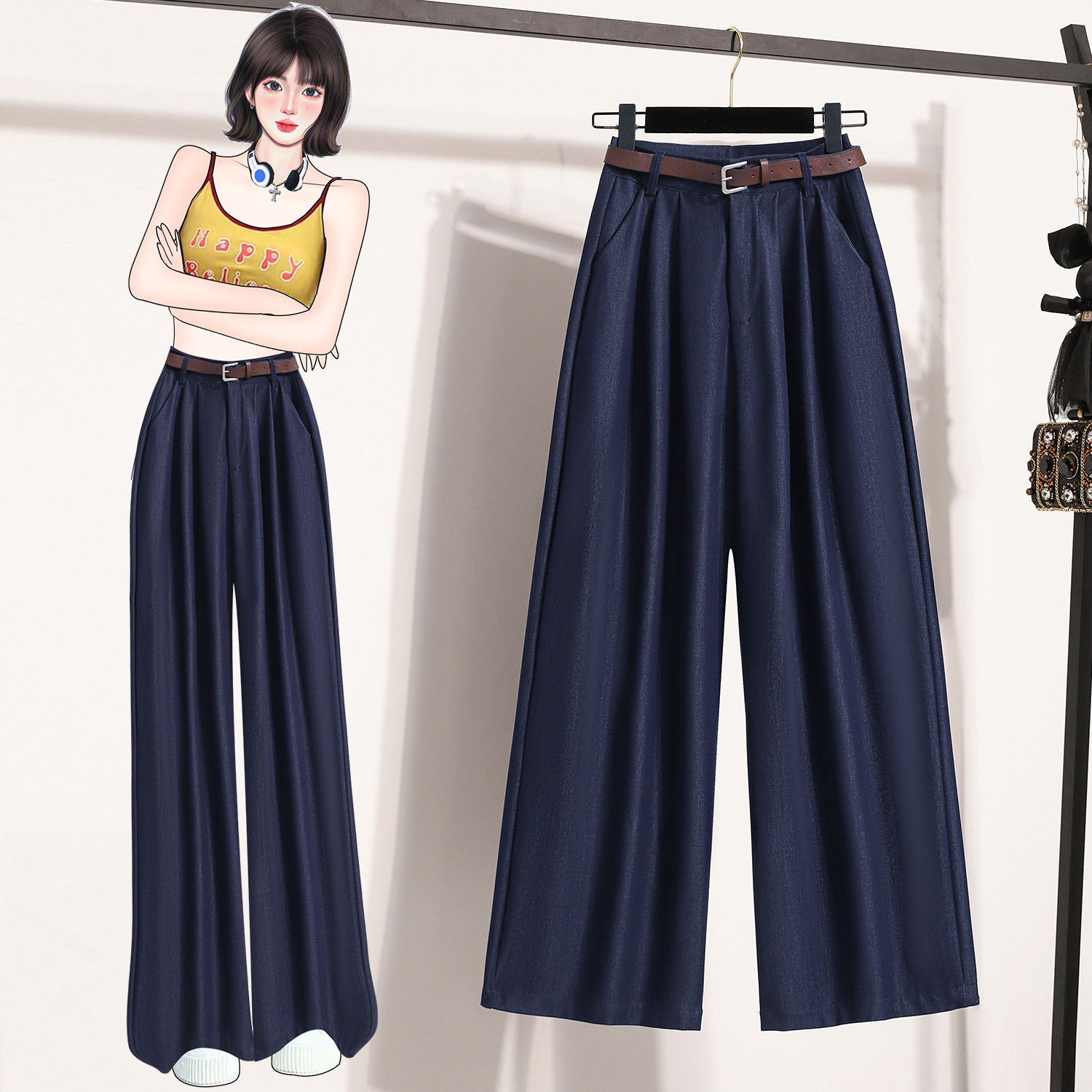 FA34100# 夏季新款莱赛尔天丝淑女阔腿裤女宽松百搭腰带直筒休闲裤 服裝批發女裝批發服飾貨源