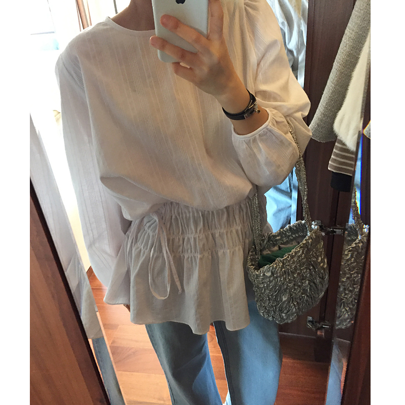 있음 선적 chic 한국 스타일 라운드 넥 레이스업 슬림해 보이는 셔츠