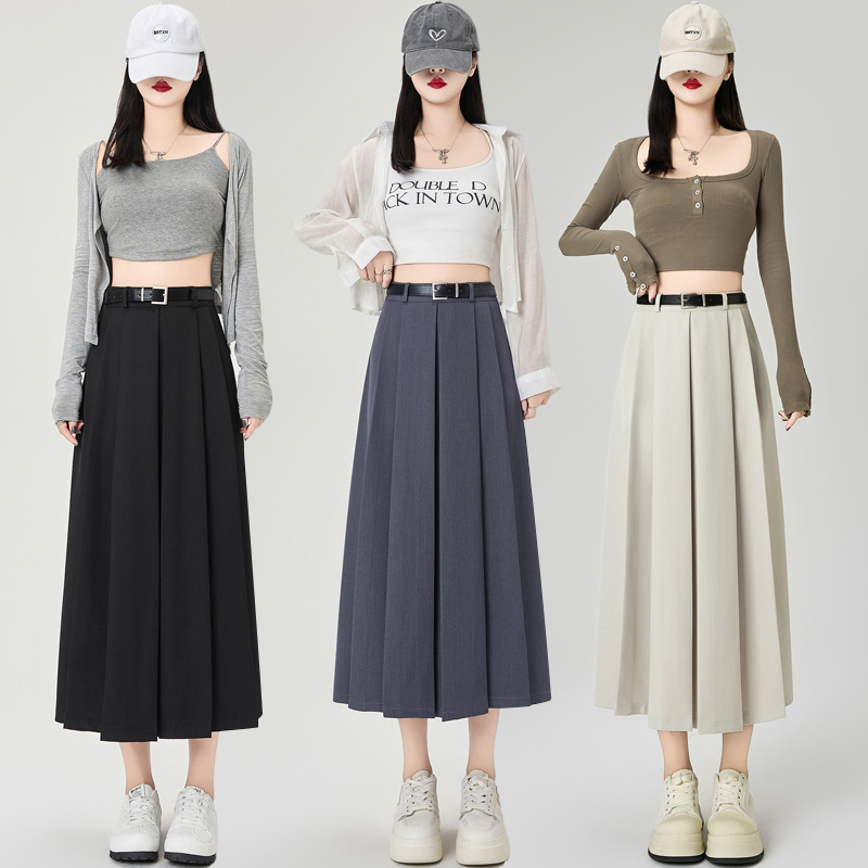 MY17096# 灰色高腰半身裙新款高级感显瘦a字百褶西装中长裙女裝貨源服...