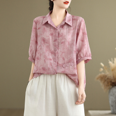 批发实拍法式大码小清新宽松气质小衫单排扣晕染显瘦百搭衬衫棉麻上衣