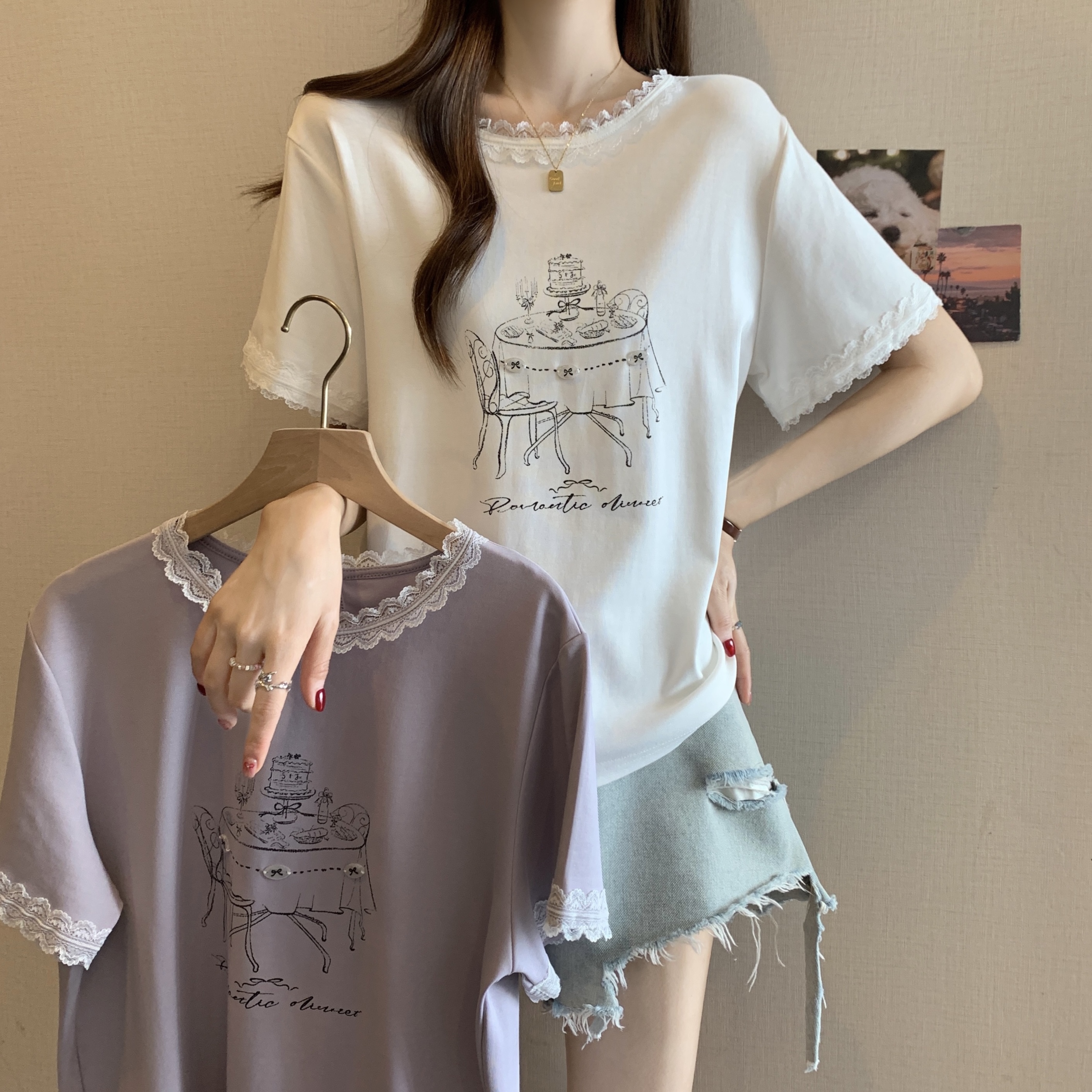 MY1245# 新款蕾丝边短袖T恤女百搭少女感甜美半袖上衣女裝貨源服裝批發