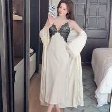 批发实拍性感睡衣女长款<b class='q'>吊带</b><b class='q'>睡裙</b>睡袍两件套缎面蕾丝美背带胸垫家居服