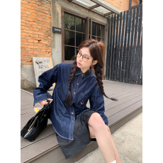 批发实价韩系复古正肩蓝色刺绣<b class='q'>牛仔</b>衬衫2026新款显瘦慵懒休闲上<b class='q'>衣外套</b>