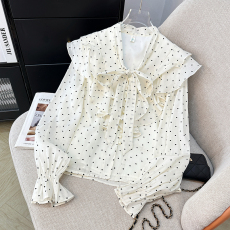 批发法式气质名媛甜美荷叶边植绒爱心系带珍珠扣长袖<b class='q'>衬衫</b>女上衣